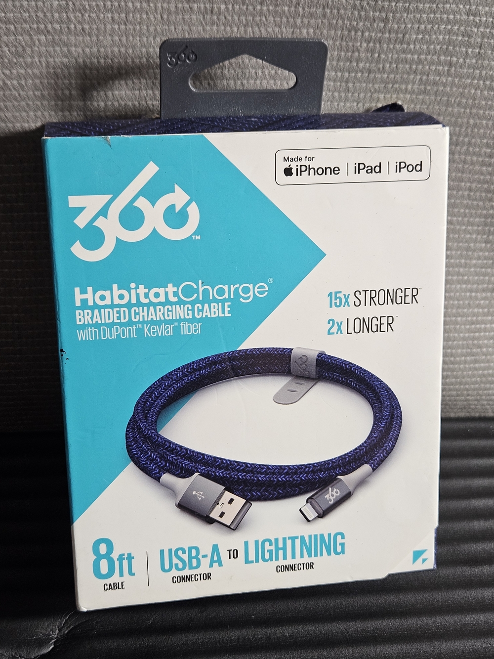 360 USB-A to Lighting Charge & Sync Braided  fiber Cable 8 ft. Navy Blue